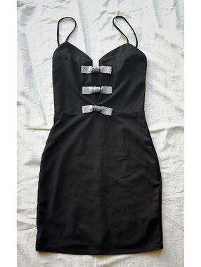 Arden B. Black Cocktail Mini Dress with Rhinestone Bow Accents, Size Small #hoco